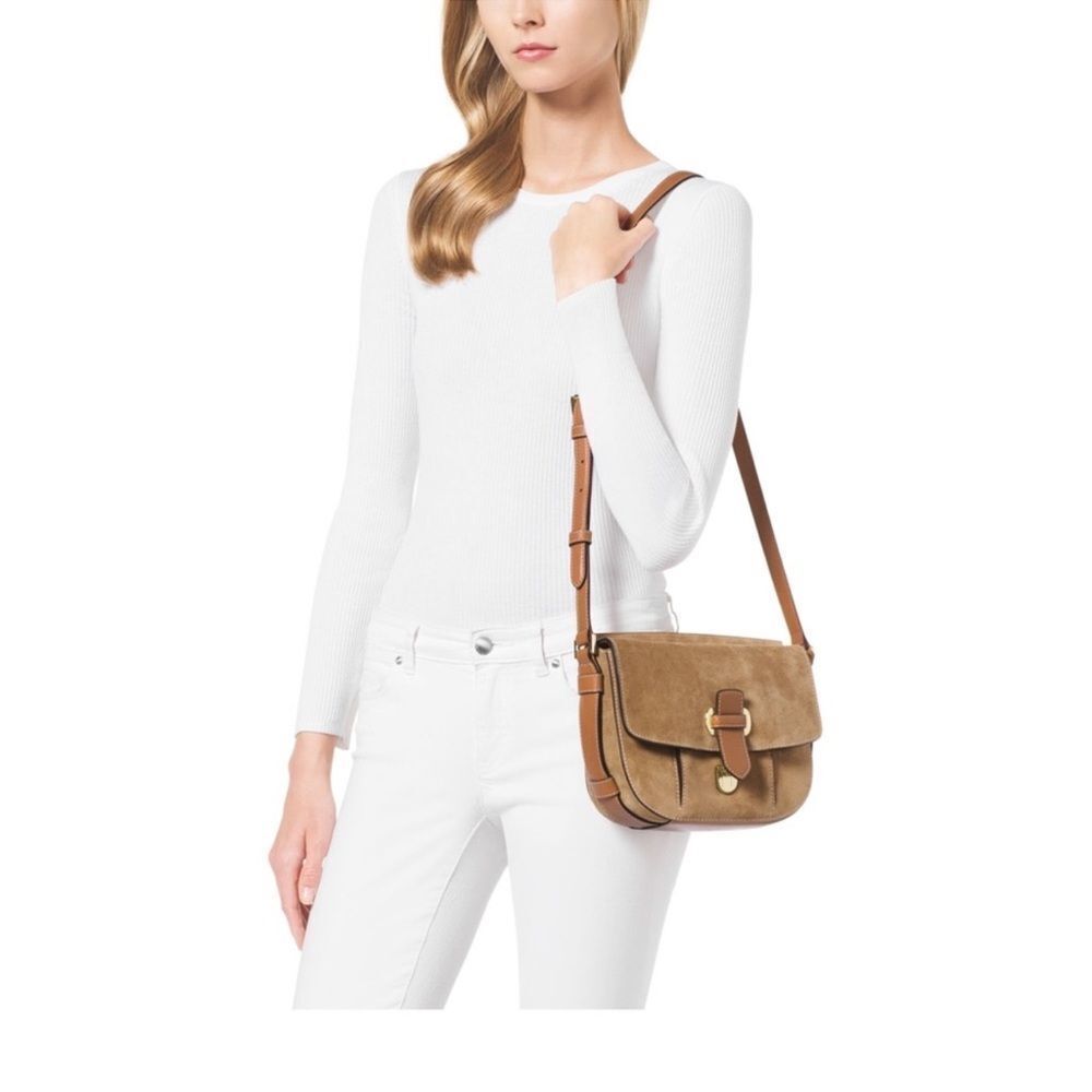 Michael Kors Authentic Romy Medium Suede Crossbody Messenger Bag Tan Leather - Picture 2 of 15